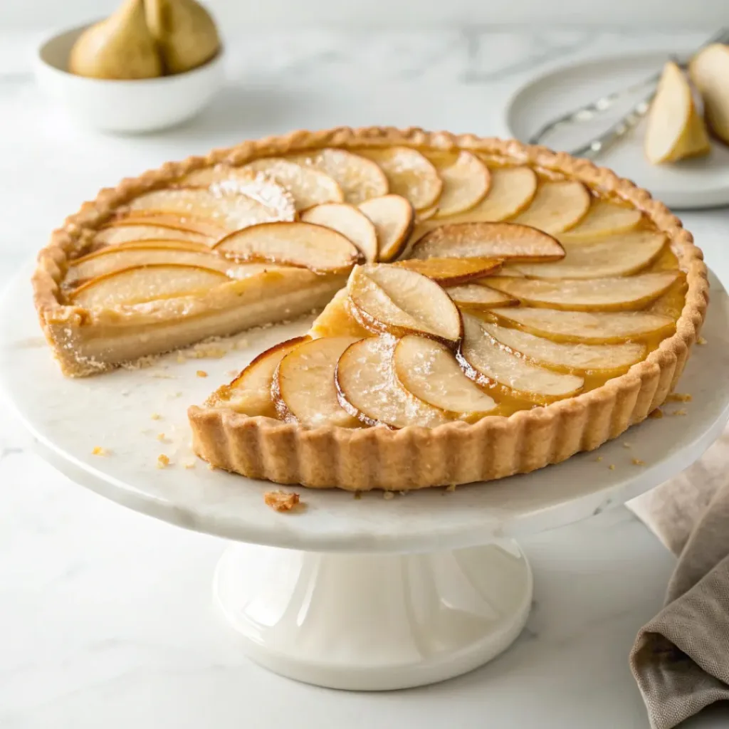 Classic pear tart with golden pastry, almond cream, thinly sliced pears, and a glossy caramelized finish.