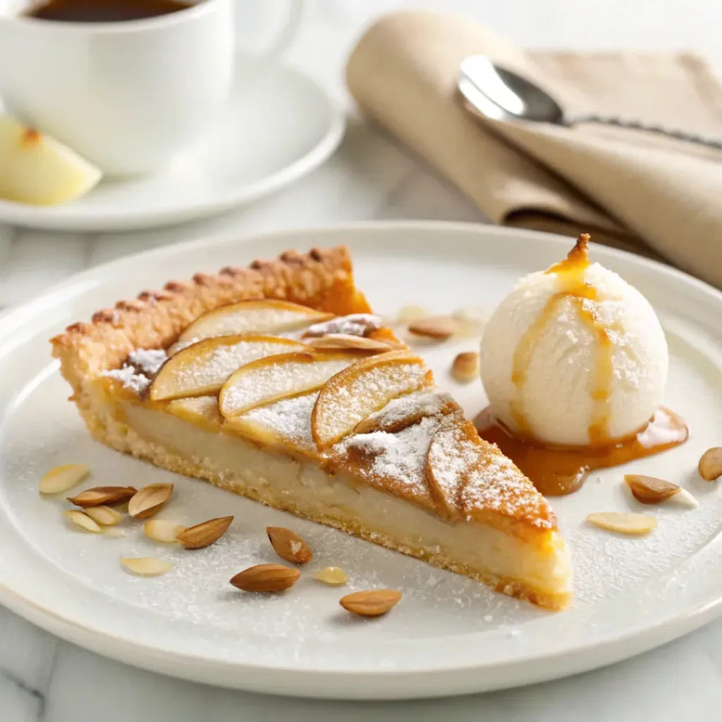 Slice of pear tart served with vanilla ice cream, almonds, powdered sugar, and fresh pear slices.