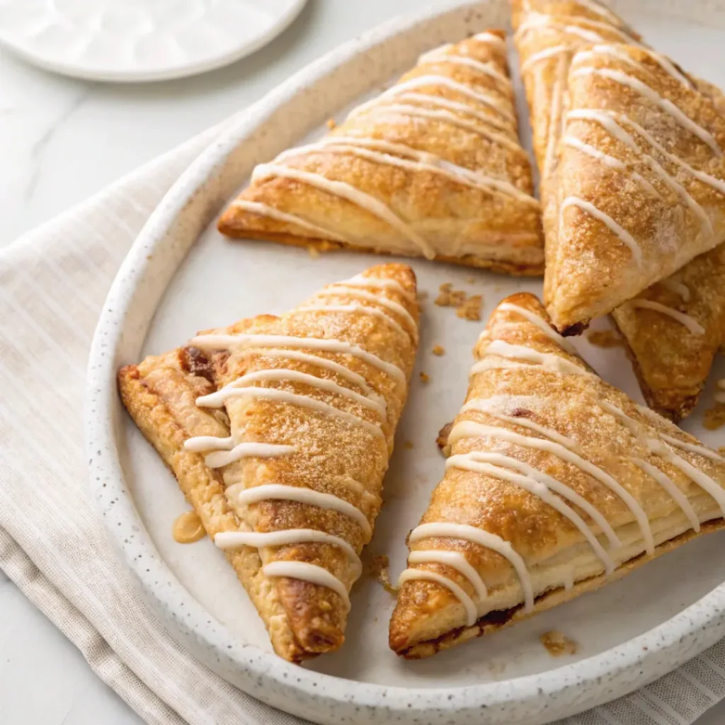 Home 6 Golden flaky pear turnovers filled with tender cinnamon pears and finished with a light sweet glaze.