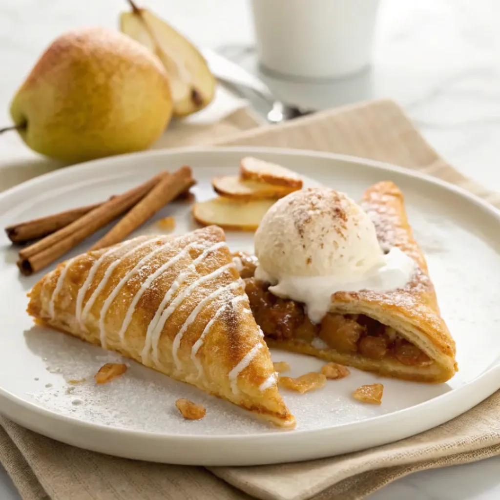 Warm pear turnover served with vanilla ice cream, caramel sauce, cinnamon, and fresh pear slices.