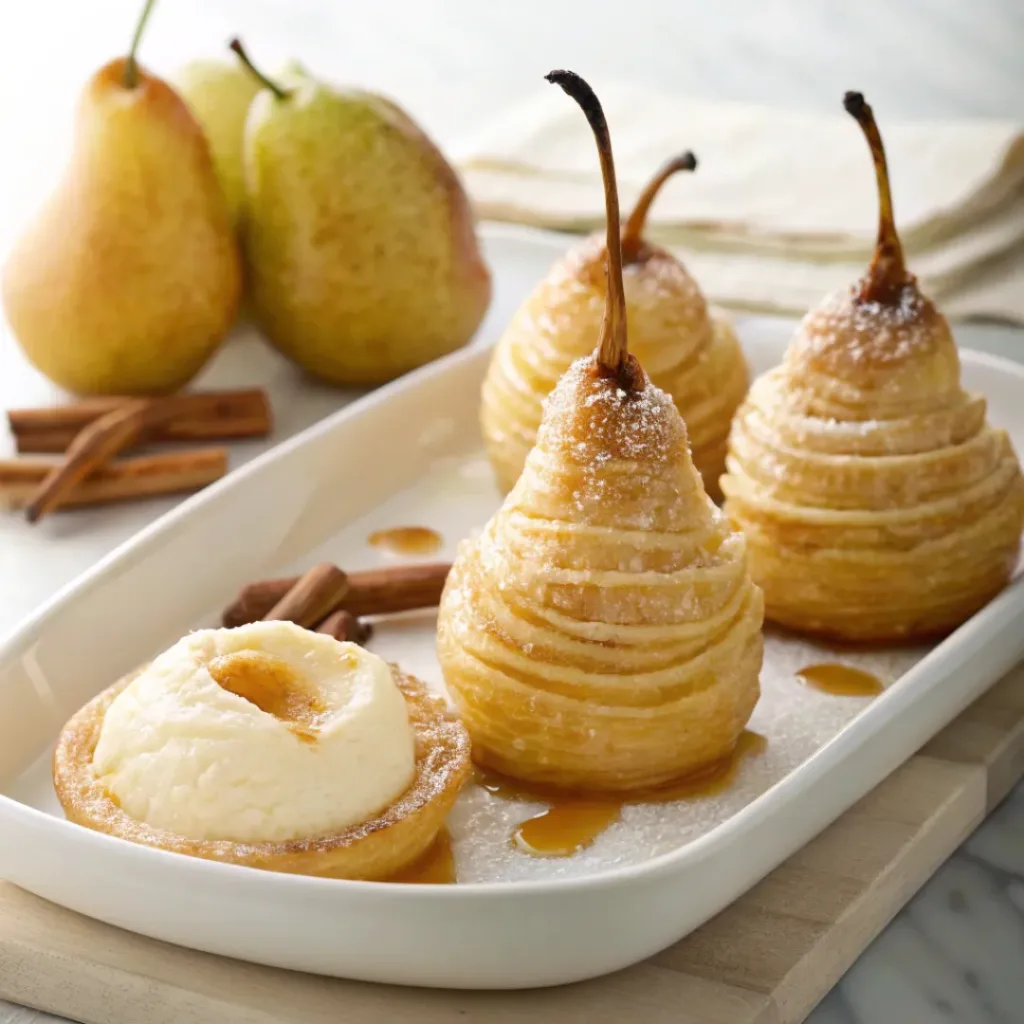 Home 6 Poached pear wrapped in golden puff pastry with cinnamon and honey, served warm with vanilla ice cream.
