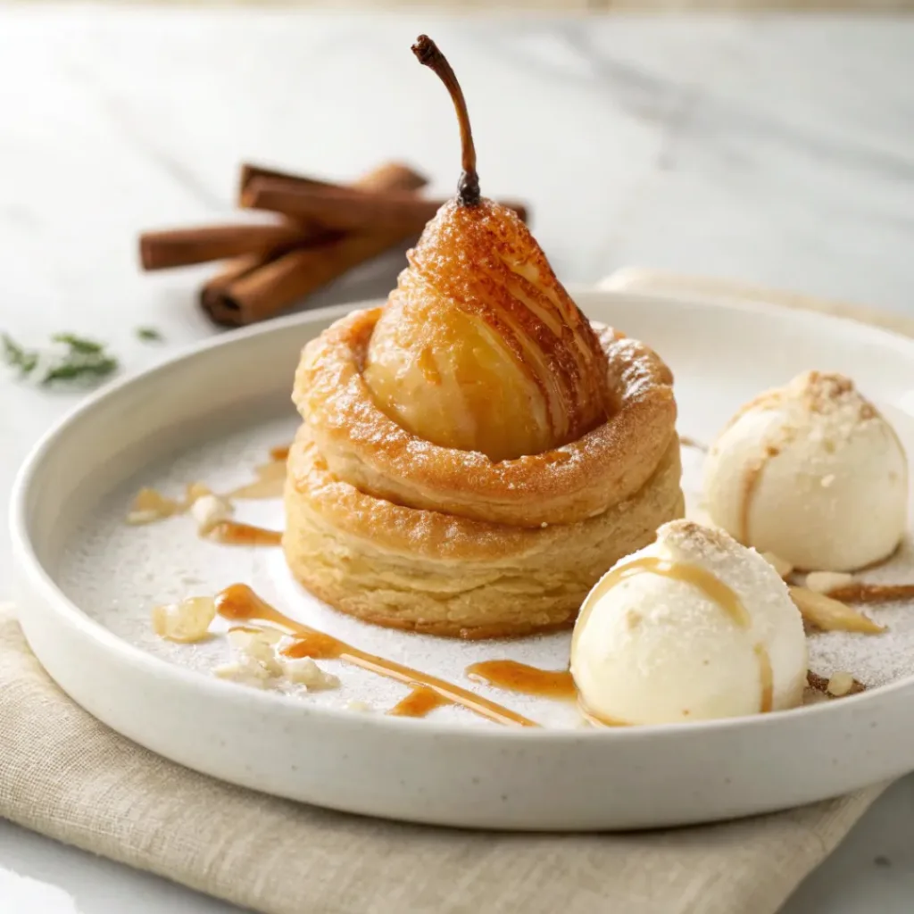 Golden poached pear puff pastry served warm with vanilla ice cream, honey, and cinnamon.