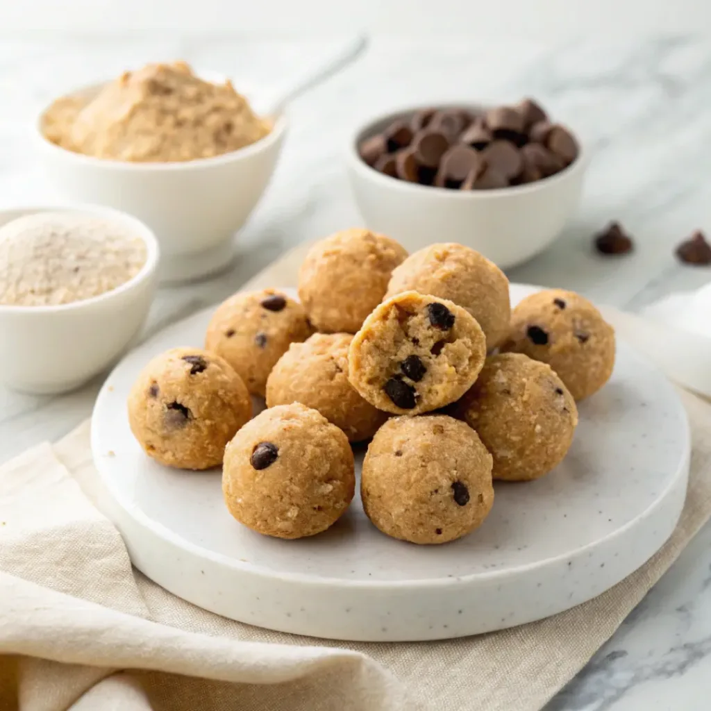 Homemade protein cookie dough bites with chocolate chips on a serving platter.
