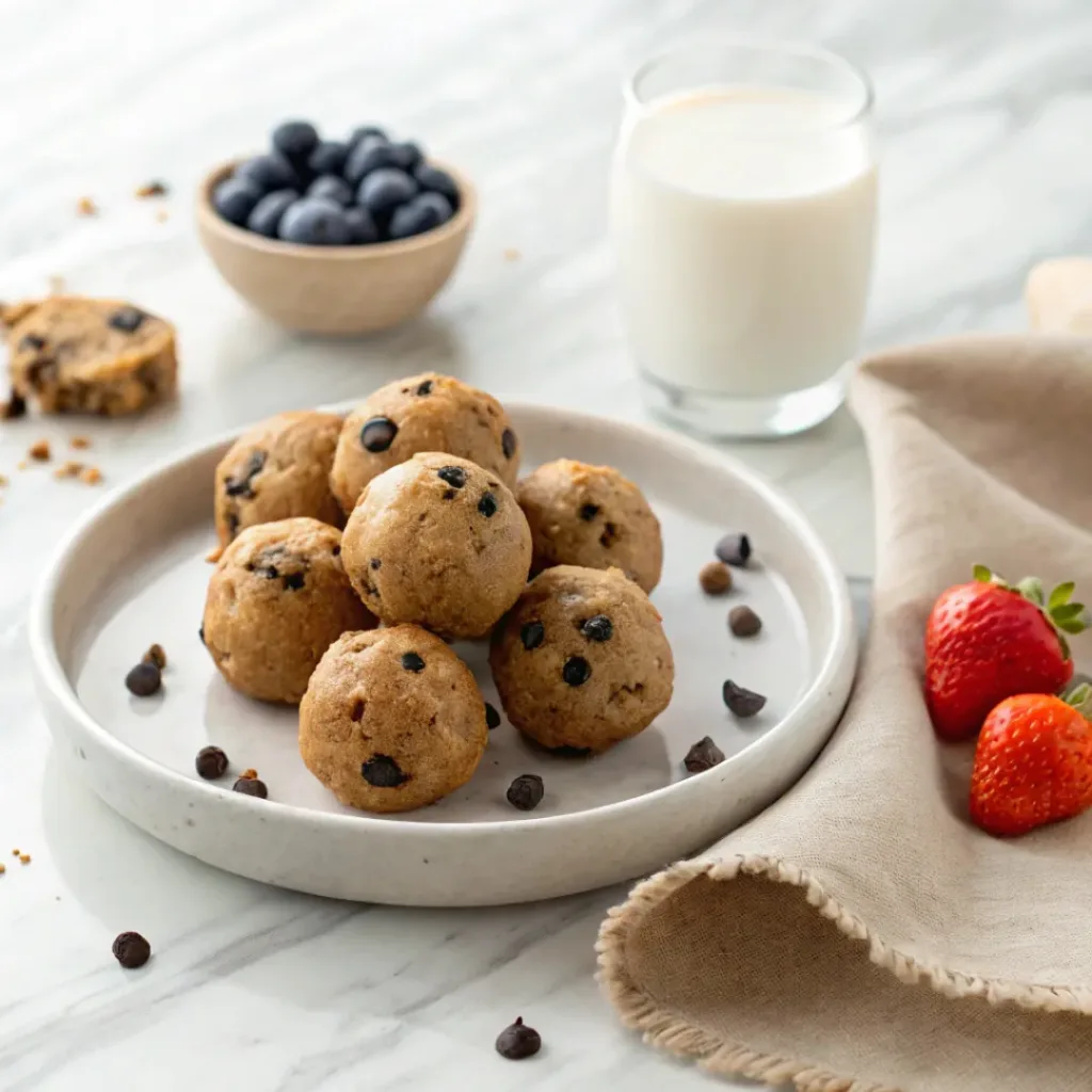 Protein Cookie Dough Bites - Easy Healthy Snack 8 Protein cookie dough bites served with Greek yogurt and fresh berries.