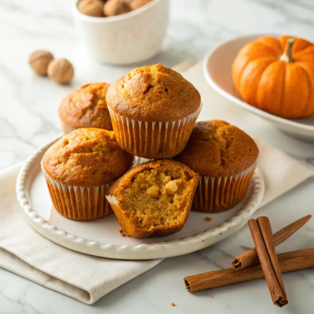 Pumpkin banana muffins served with coffee, banana slices, pumpkin spice, and a light drizzle of maple syrup.