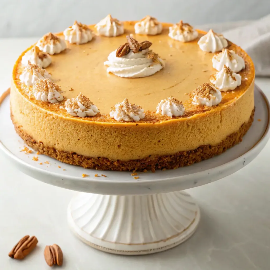 Home 6 Classic pumpkin cheesecake with a creamy spiced filling, graham cracker crust, and whipped cream topping.