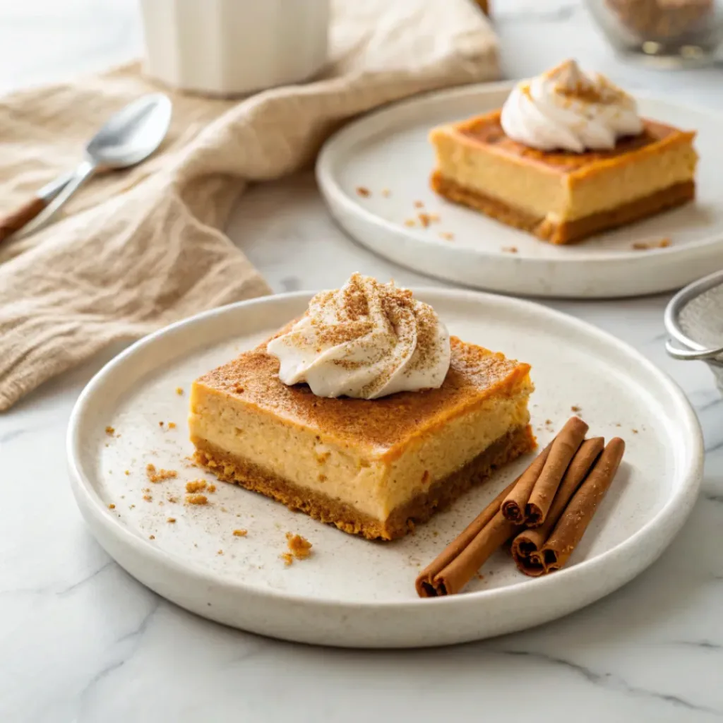 Pumpkin Cheesecake Bars - Easy Creamy Autumn Treat 8 Pumpkin cheesecake bars served with whipped cream and a pumpkin spice latte.