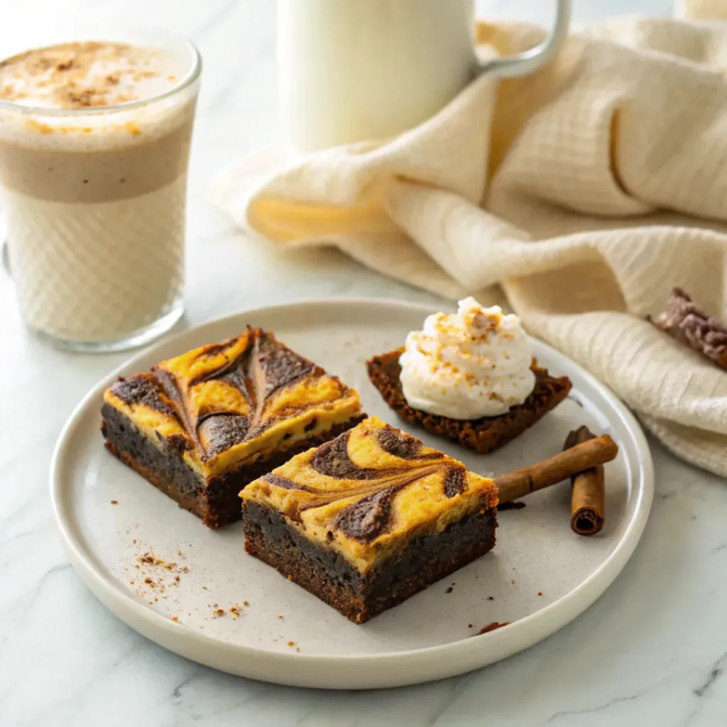Pumpkin Cheesecake Brownies - Rich Swirled Autumn Treat 8 Pumpkin cheesecake brownies served with hot coffee and whipped cream.