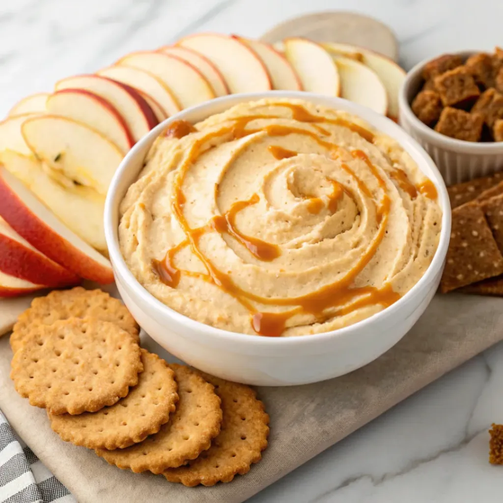 Creamy pumpkin cheesecake dip topped with whipped cream, caramel drizzle, and pumpkin pie spice served with cookies and apple slices.