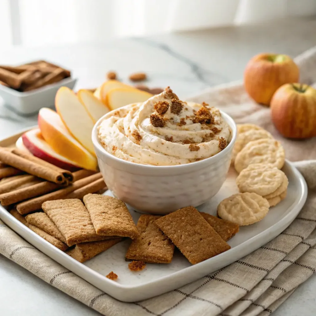 Pumpkin Cheesecake Dip - Easy Creamy Autumn Snack 8 Pumpkin cheesecake dip served with graham crackers, apples, cookies, and hot apple cider.