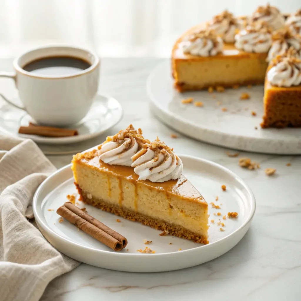 Slice of pumpkin cheesecake served with whipped cream, caramel sauce, and coffee.