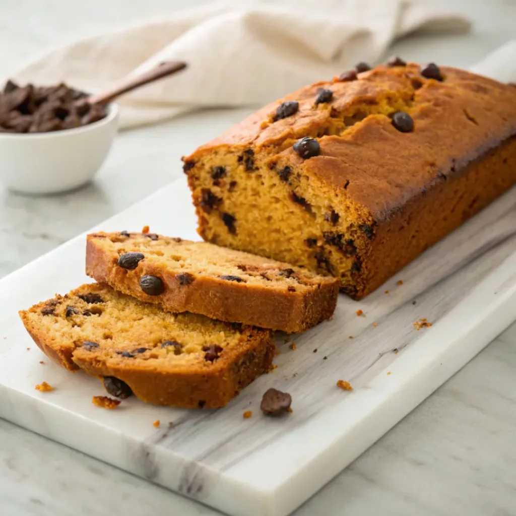 Home 9 Moist pumpkin chocolate chip bread with warm spices, melted chocolate chips, and a tender golden crumb.