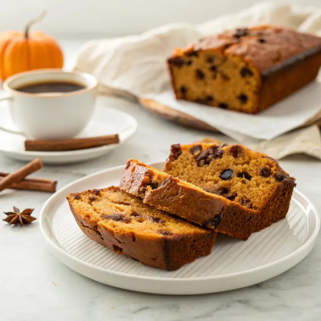 Slice of pumpkin chocolate chip bread served with coffee, pumpkin spice, cinnamon, and melted chocolate chips.