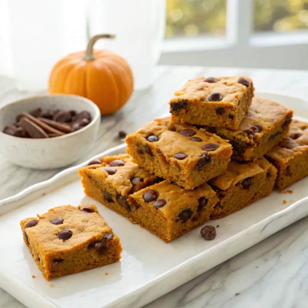 Home 7 Homemade pumpkin chocolate chip cookie bars with melted chocolate chips and a soft pumpkin cookie base.