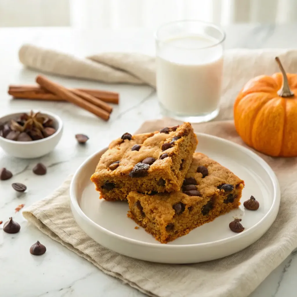Pumpkin chocolate chip cookie bars served with coffee and a glass of milk.