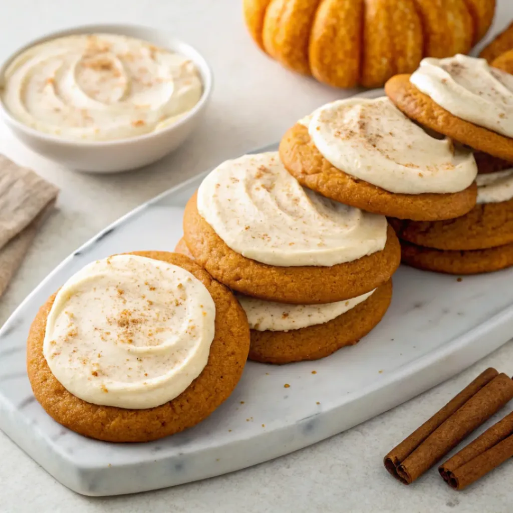 Home 7 Soft pumpkin cookies topped with creamy cream cheese icing and a sprinkle of warm pumpkin spice.