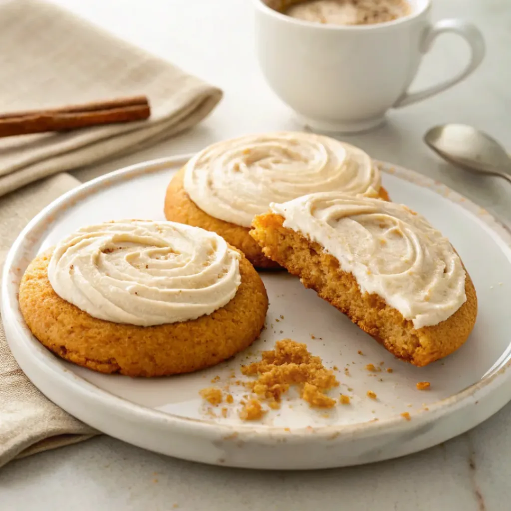 Soft frosted pumpkin cookies served with coffee, cinnamon, pumpkin spice, and creamy cream cheese icing.