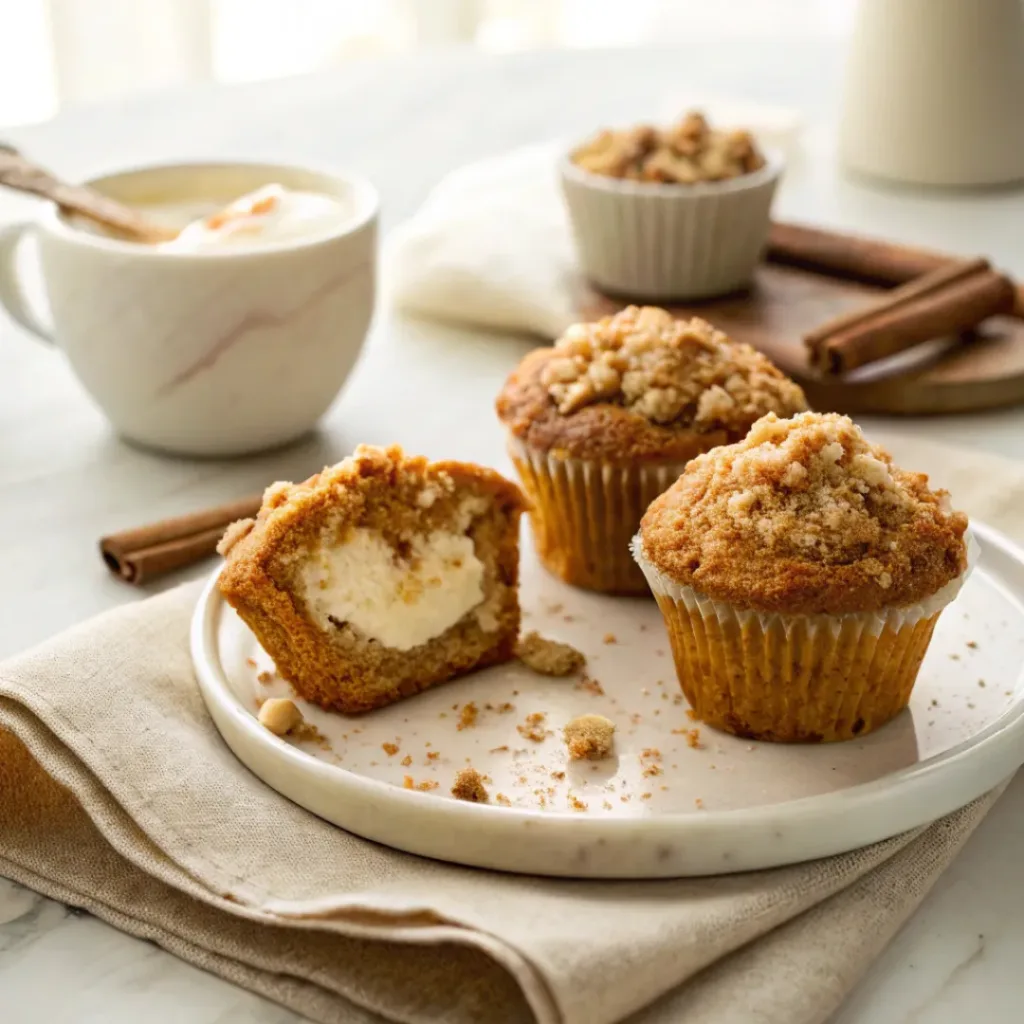 Pumpkin Cream Cheese Muffins - Soft Spiced Autumn Treat 8 Pumpkin cream cheese muffin served with coffee and fresh pumpkin.