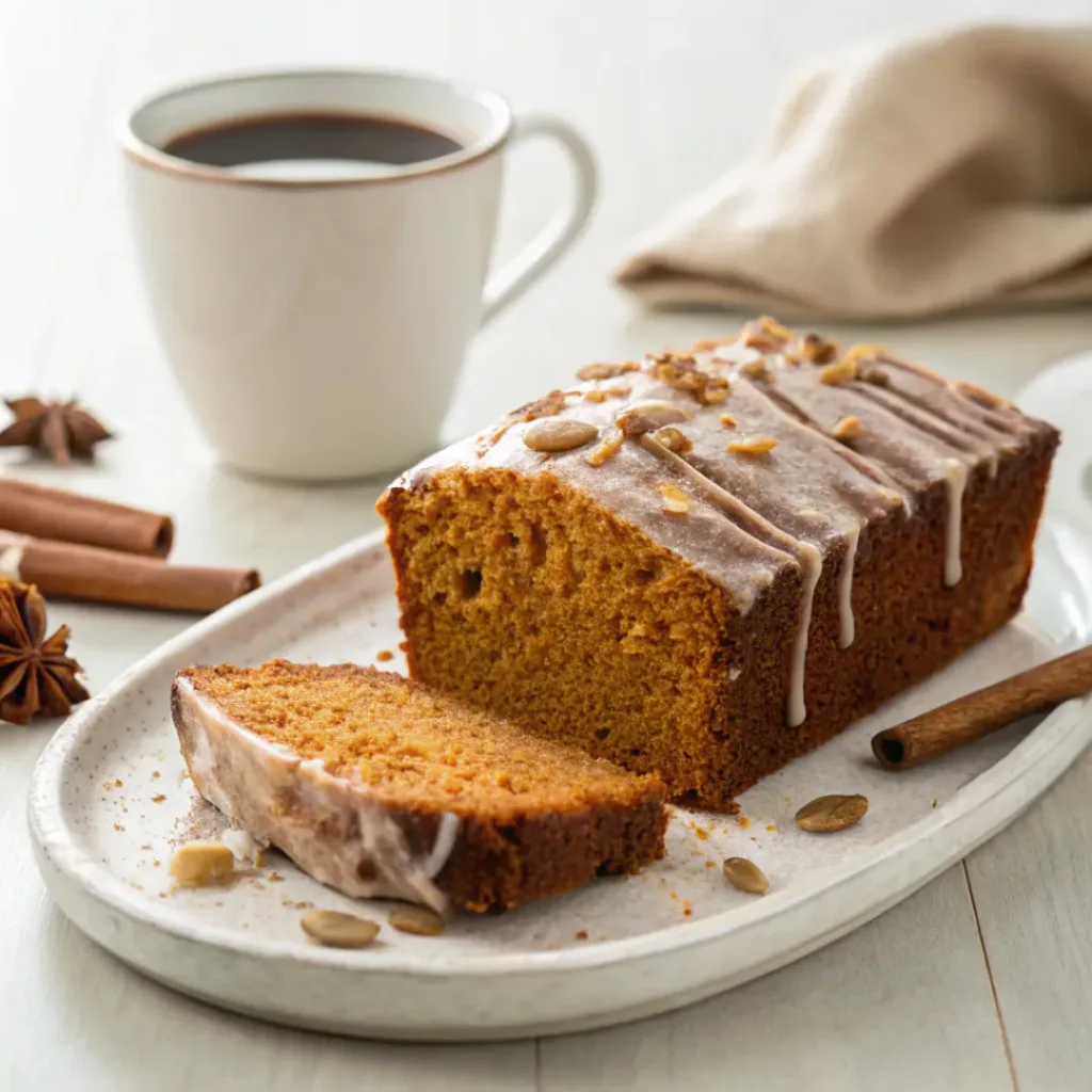 Pumpkin Gingerbread Loaf - Moist Spiced Holiday Bakery Bread 8 Slice of moist pumpkin gingerbread loaf served with coffee, cinnamon, ginger, and a light vanilla glaze.