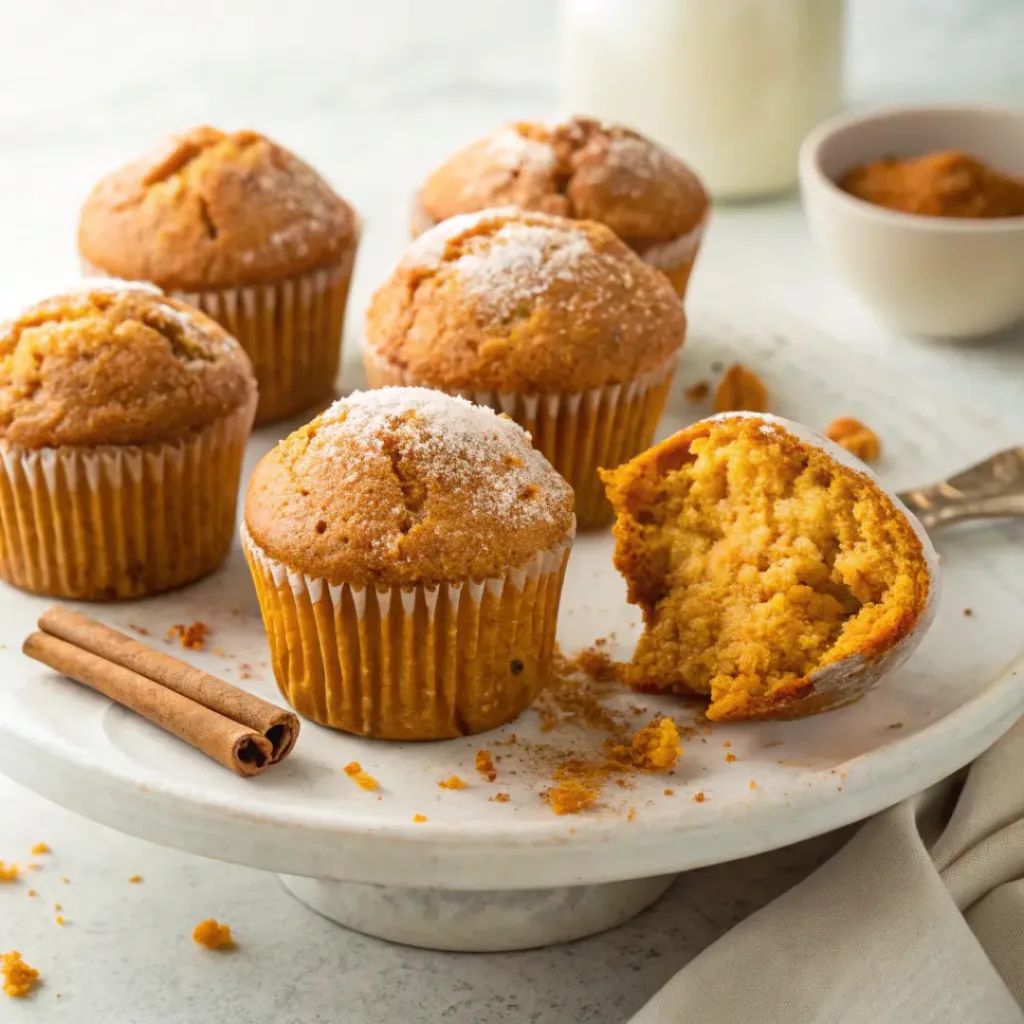 Home 8 Homemade pumpkin muffins with a golden domed top and warm pumpkin spice flavor on a serving platter.