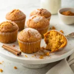 Homemade pumpkin muffins with a golden domed top and warm pumpkin spice flavor on a serving platter.