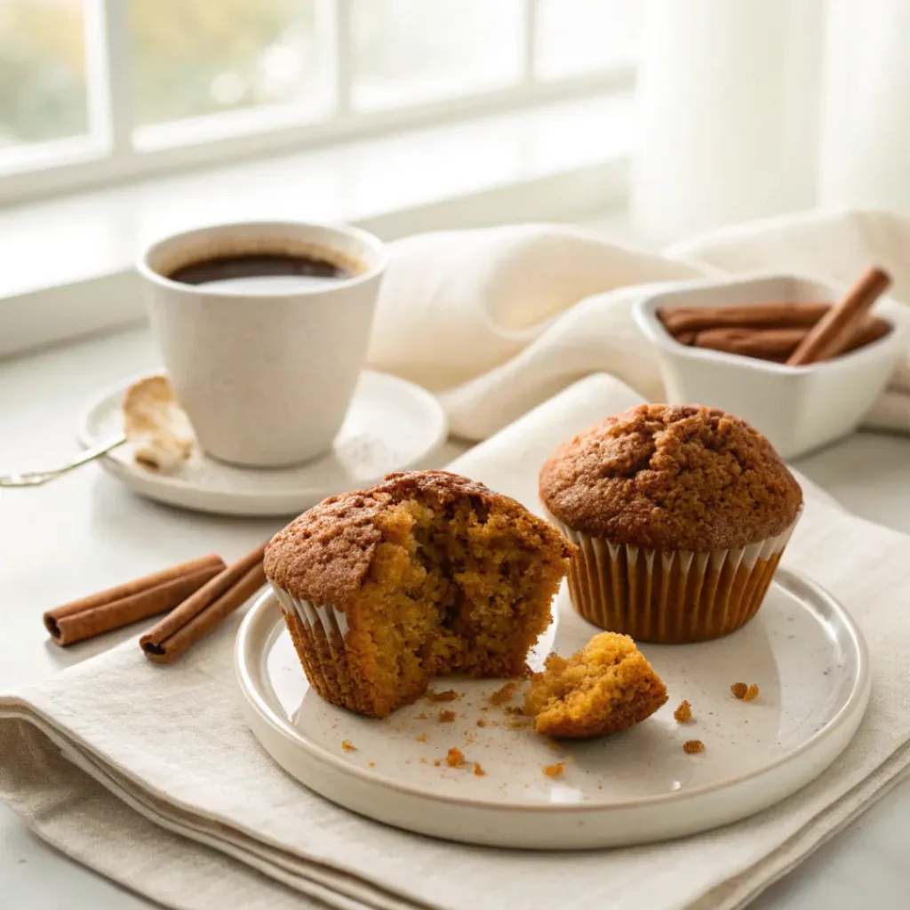 Pumpkin Muffins - Soft Spiced Streusel Topped Bakery Treats 8 Pumpkin muffins served with hot coffee and cinnamon butter.
