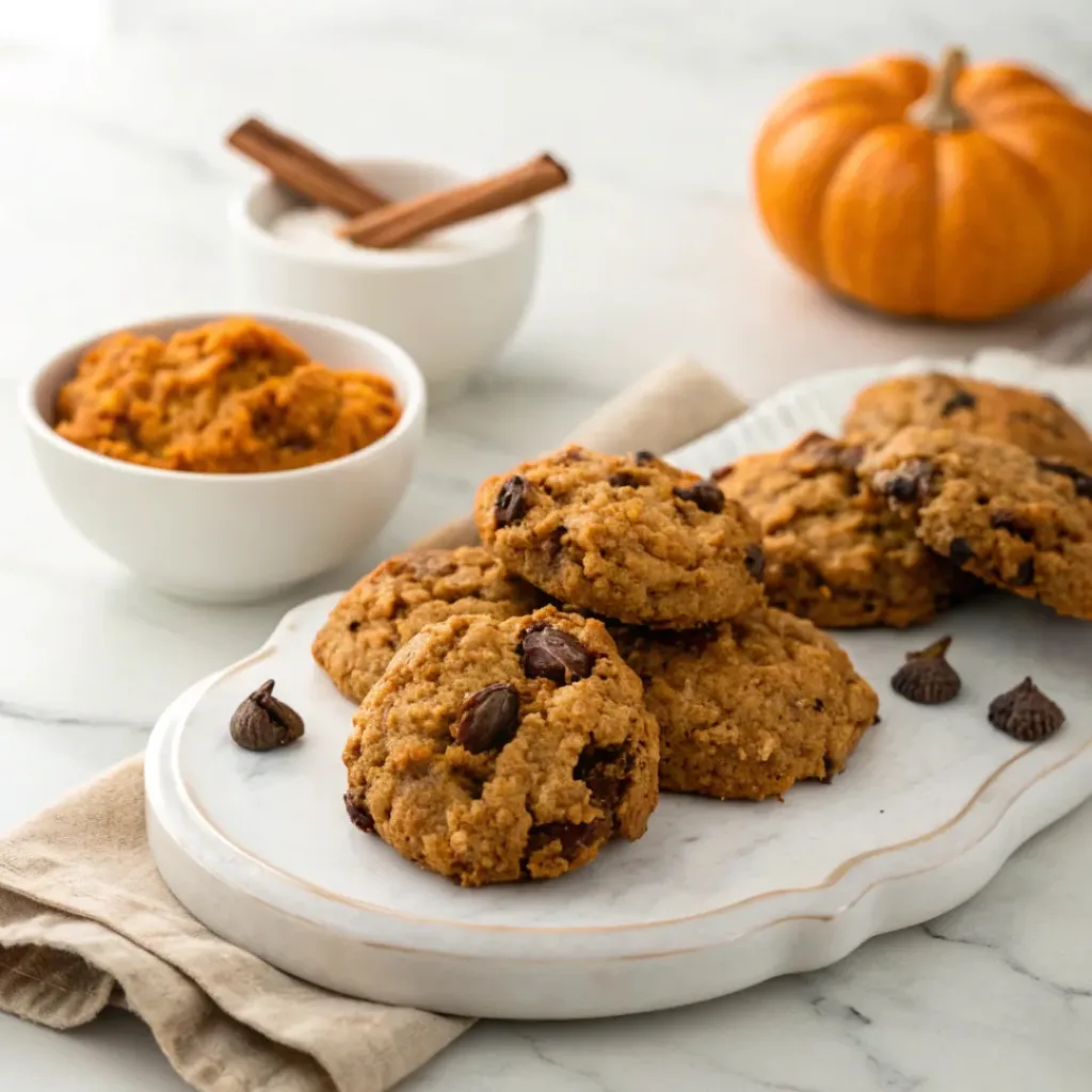 Soft pumpkin oatmeal chocolate chip cookies with chewy oats, melted chocolate chips, and warm pumpkin spices.