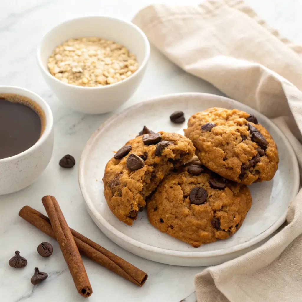 Soft pumpkin oatmeal chocolate chip cookies served with coffee, pumpkin puree, cinnamon, and melted chocolate chips.