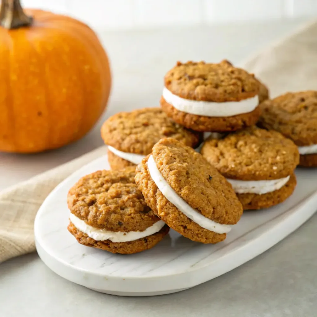 Home 8 Homemade pumpkin oatmeal cream pies filled with fluffy vanilla cream on a serving platter.