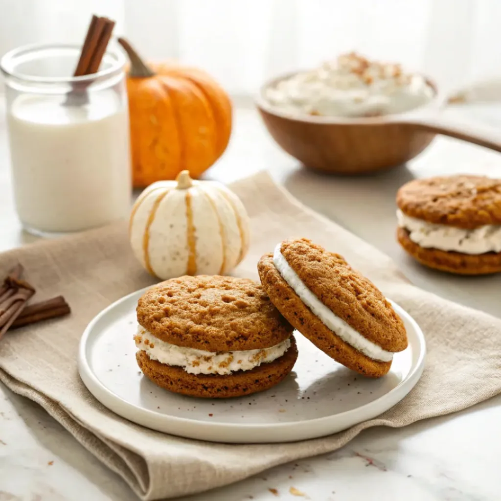 Pumpkin oatmeal cream pies served with a pumpkin spice latte and cinnamon sticks.