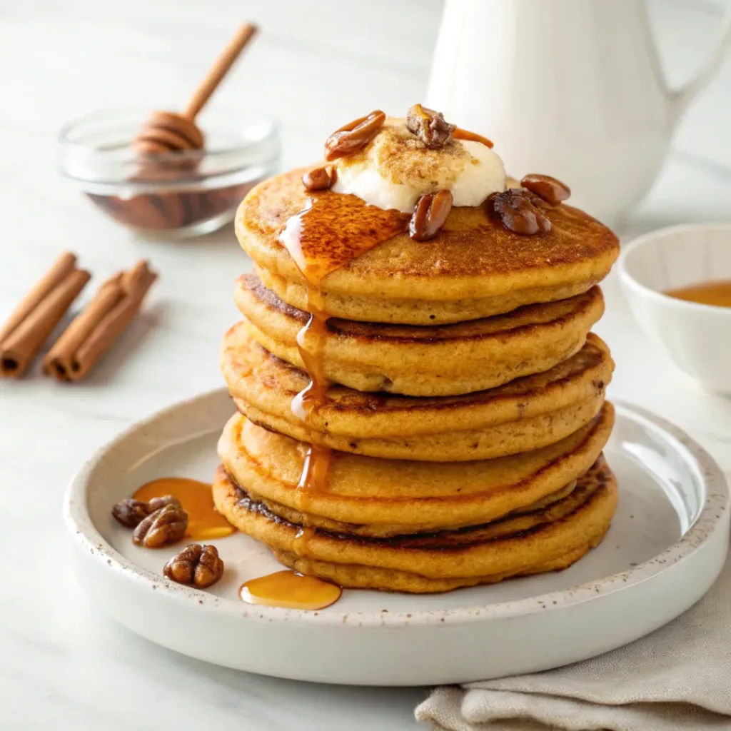 Home 8 Fluffy pumpkin pancakes stacked with maple butter, cinnamon, pecans, and warm maple syrup.