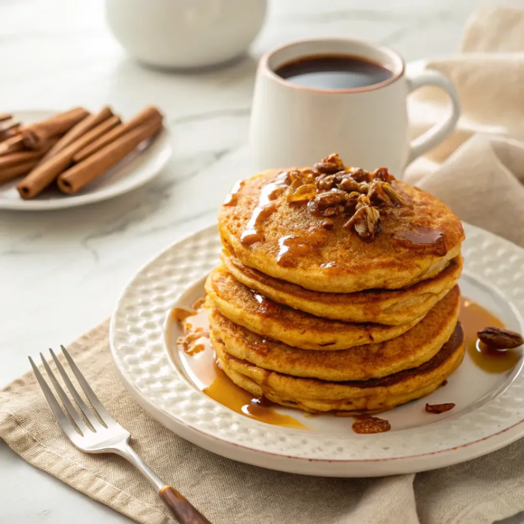 Fluffy pumpkin pancakes with melting maple butter, maple syrup, pecans, and a cup of coffee.