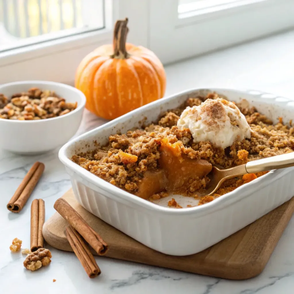 Home 6 Homemade pumpkin spice crisp with a golden oat crumble topping and creamy pumpkin filling in a baking dish.