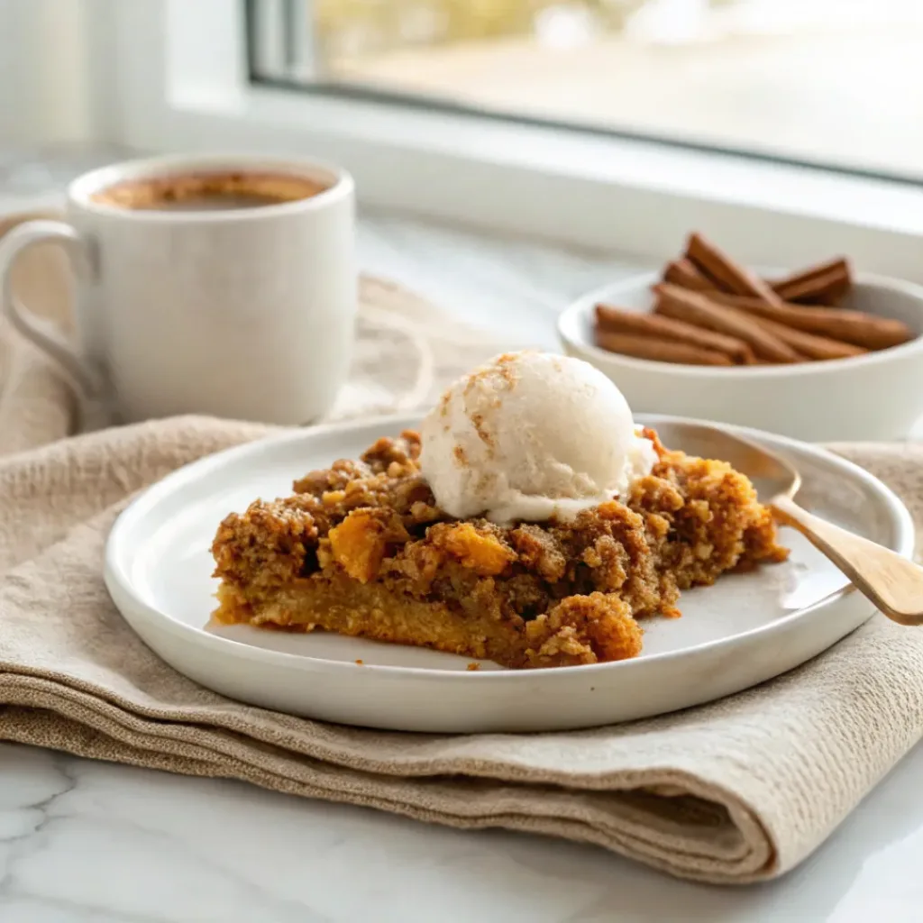 Pumpkin Spice Crisp - Warm and Easy Autumn Dessert Showcase 8 Warm pumpkin spice crisp served with vanilla ice cream and maple syrup.