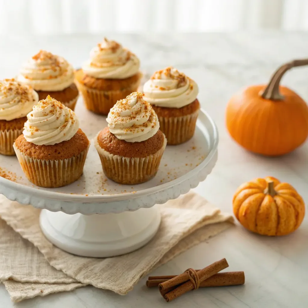 Home 8 Homemade pumpkin spice cupcakes with cream cheese frosting and cinnamon on a serving platter.