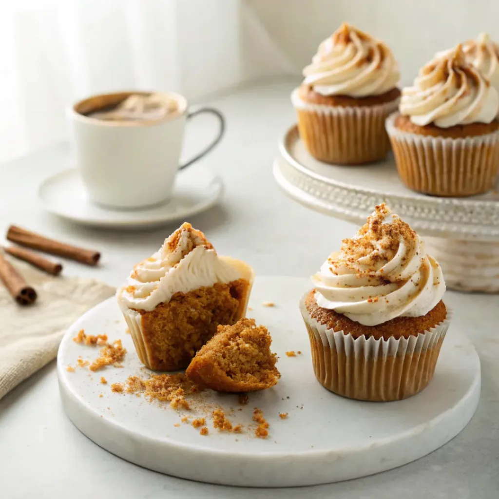 Pumpkin Spice Cupcakes - Soft Fluffy Autumn Treats 8 Pumpkin spice cupcake with cream cheese frosting served with coffee and cinnamon.