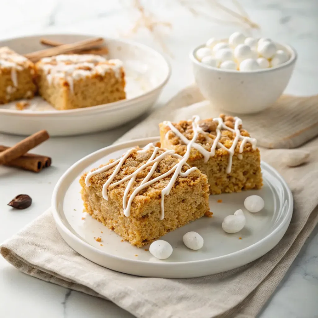 Pumpkin Spice Rice Krispie Treats - Chewy No-Bake Autumn Squares 8 Pumpkin spice Rice Krispie treats served with hot chocolate and marshmallows.