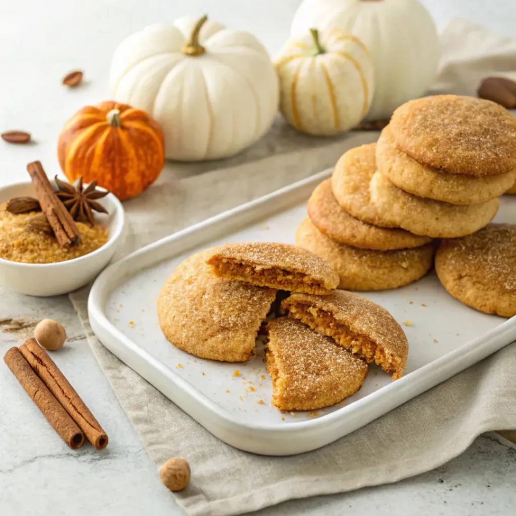 Home 7 Homemade pumpkin spice sugar cookies with crackled tops and cinnamon sugar on a serving platter.