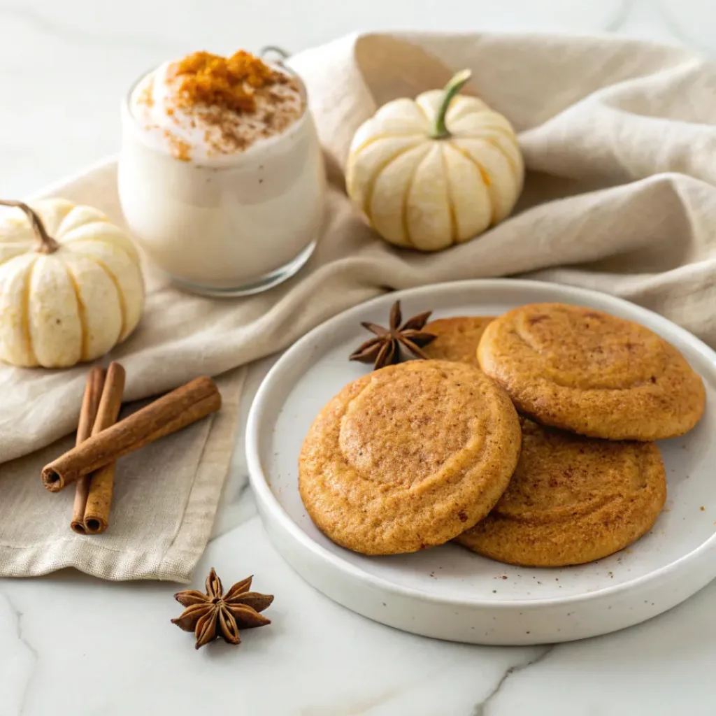 Pumpkin Spice Sugar Cookies 8 Pumpkin spice sugar cookies served with a pumpkin spice latte and cinnamon sticks.