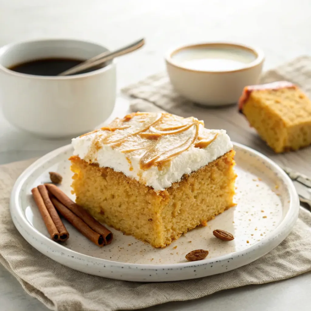 Creamy pumpkin tres leches cake topped with whipped cream and cinnamon served with a cup of coffee.