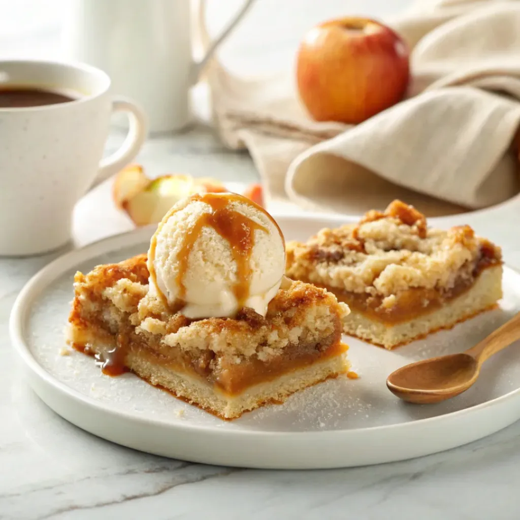 Salted caramel apple pie bars served with vanilla ice cream and hot coffee.