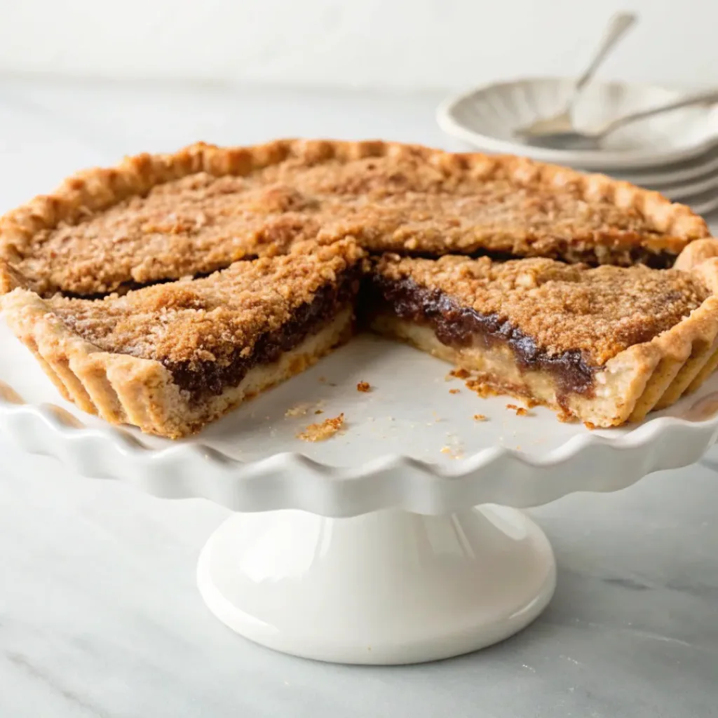 Classic shoofly pie with a buttery crust, rich molasses filling, and golden crumb topping.