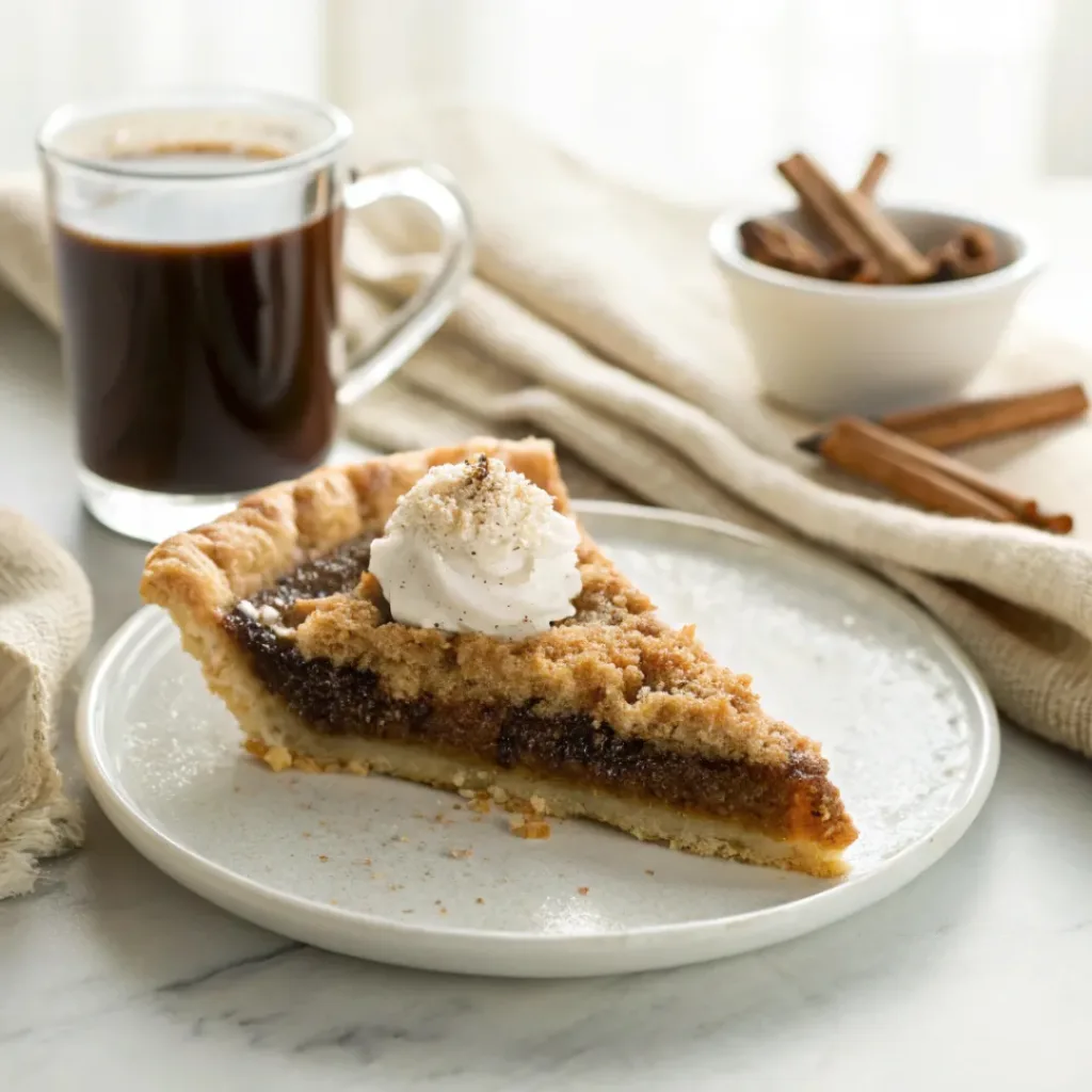 Shoofly Pie - Traditional Gooey Molasses Dessert 8 Slice of shoofly pie served with whipped cream, coffee, brown sugar crumbs, and warm molasses.