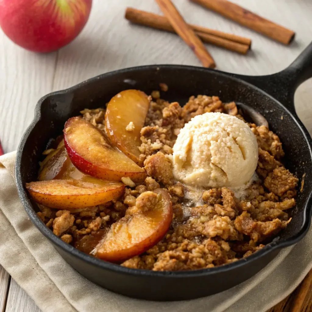 Warm skillet apple crisp with caramelized apples, crunchy oat topping, cinnamon, and vanilla ice cream.