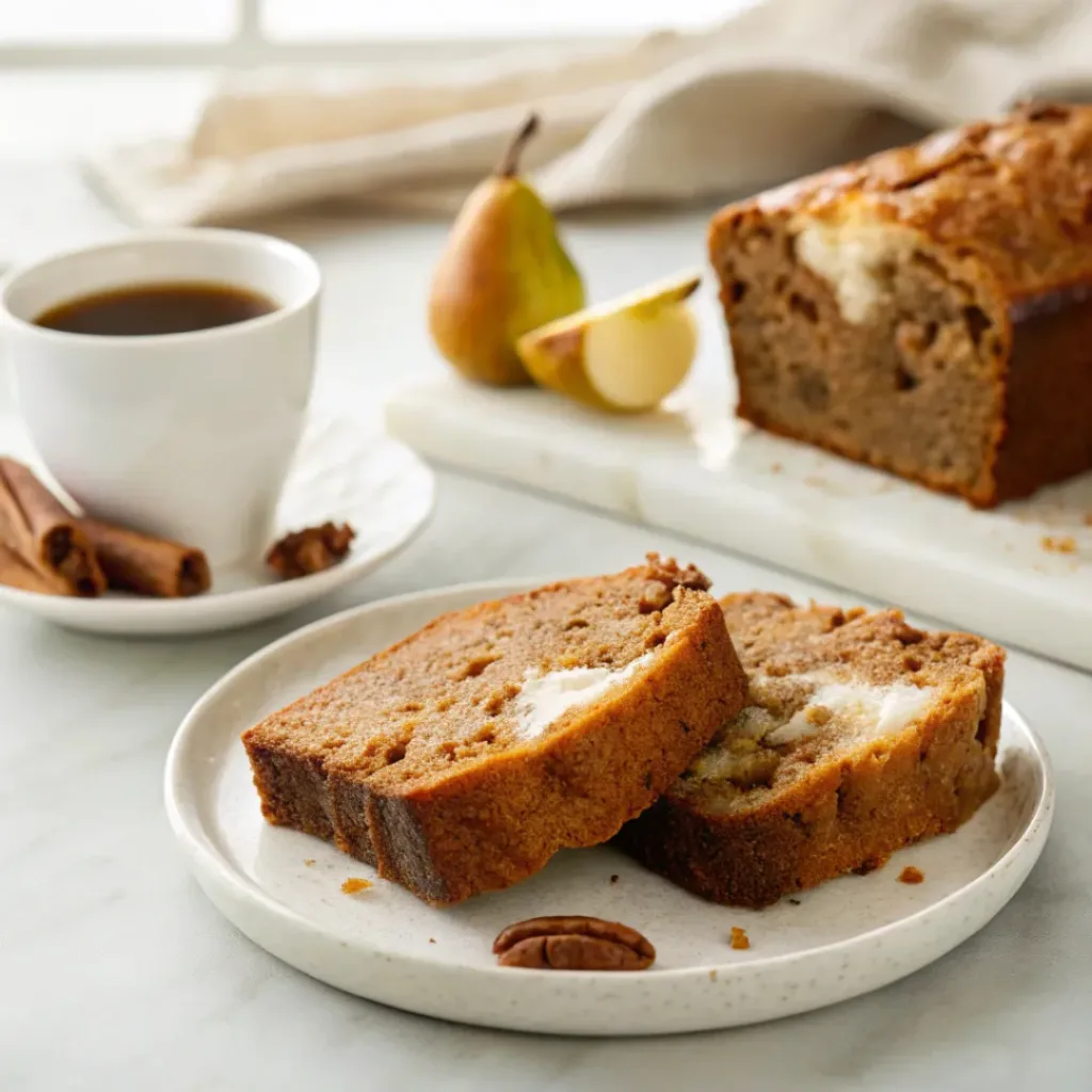 Spiced Pear Bread Recipe - Moist Sweet Autumn Loaf 8 Slice of spiced pear bread served with coffee, butter, fresh pears, and cinnamon.