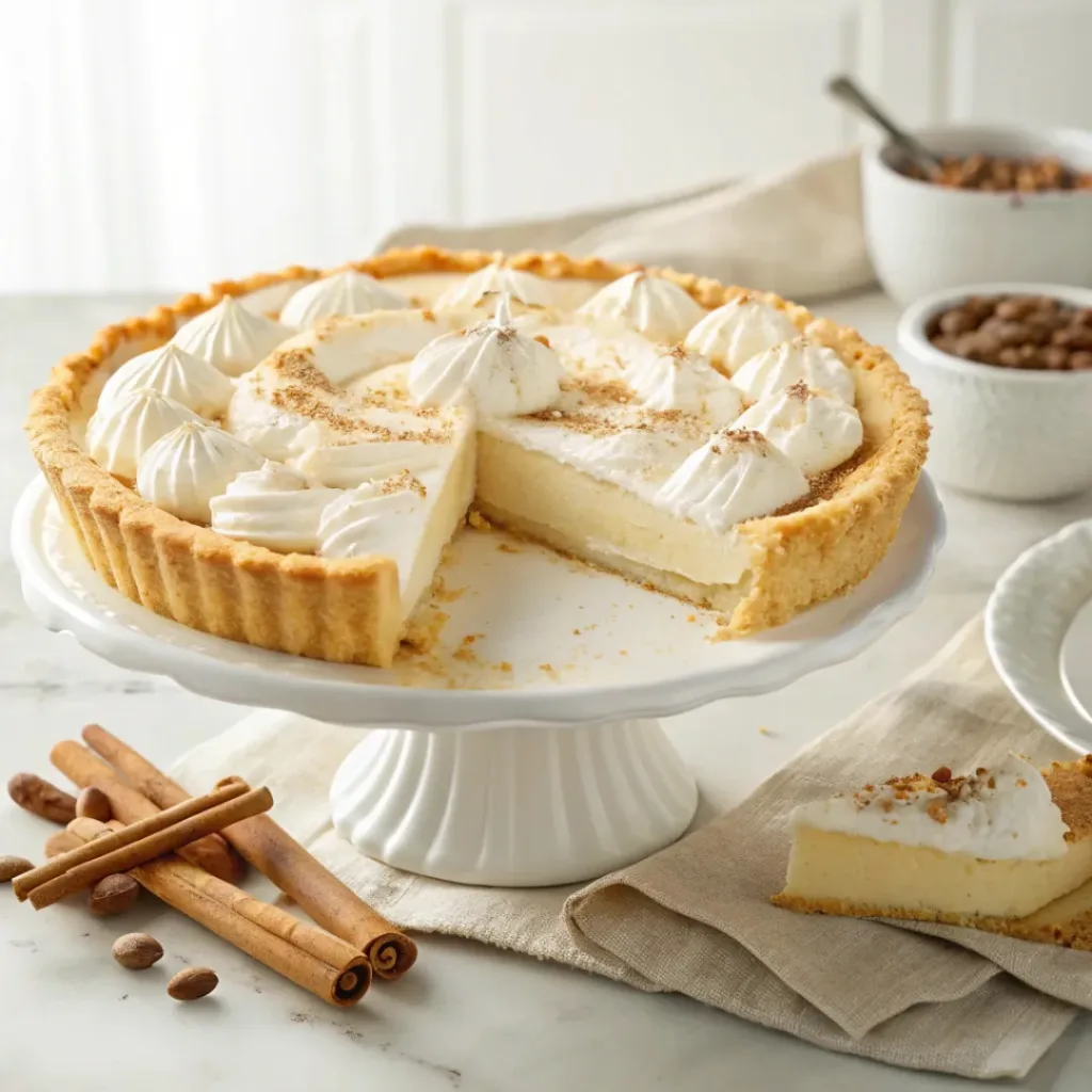 Classic sugar cream pie with a flaky crust, creamy vanilla filling, cinnamon, and caramelized sugar topping.