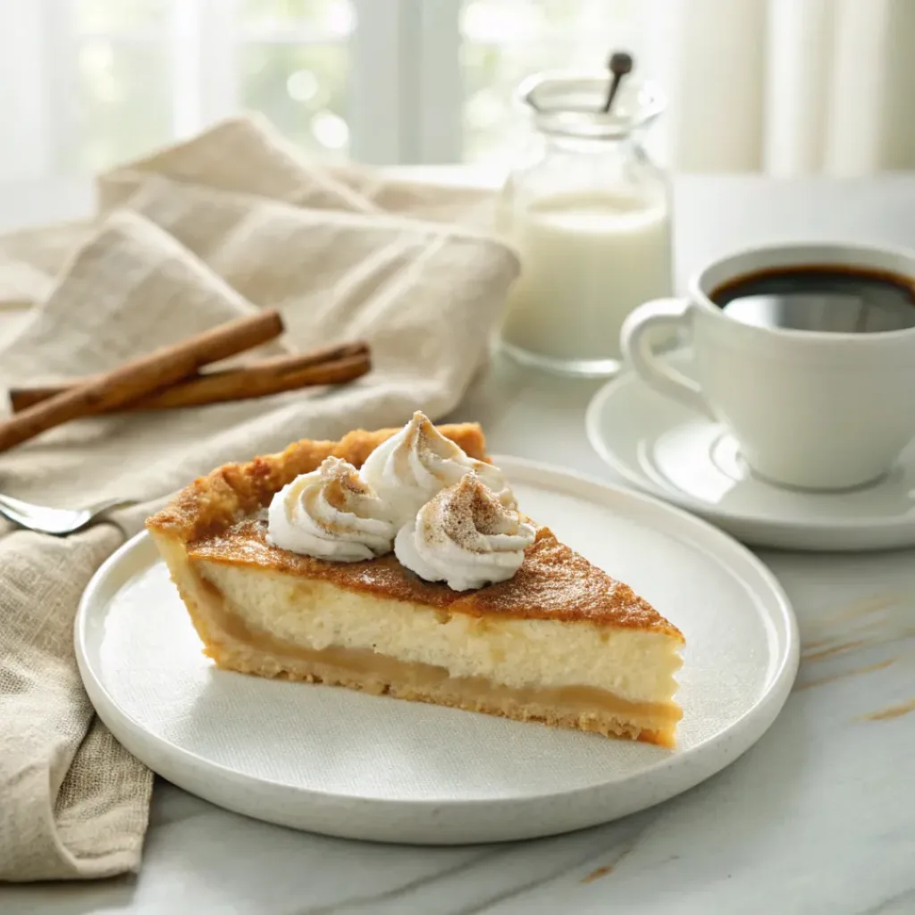 Slice of sugar cream pie served with coffee, whipped cream, cinnamon, and caramelized sugar topping.