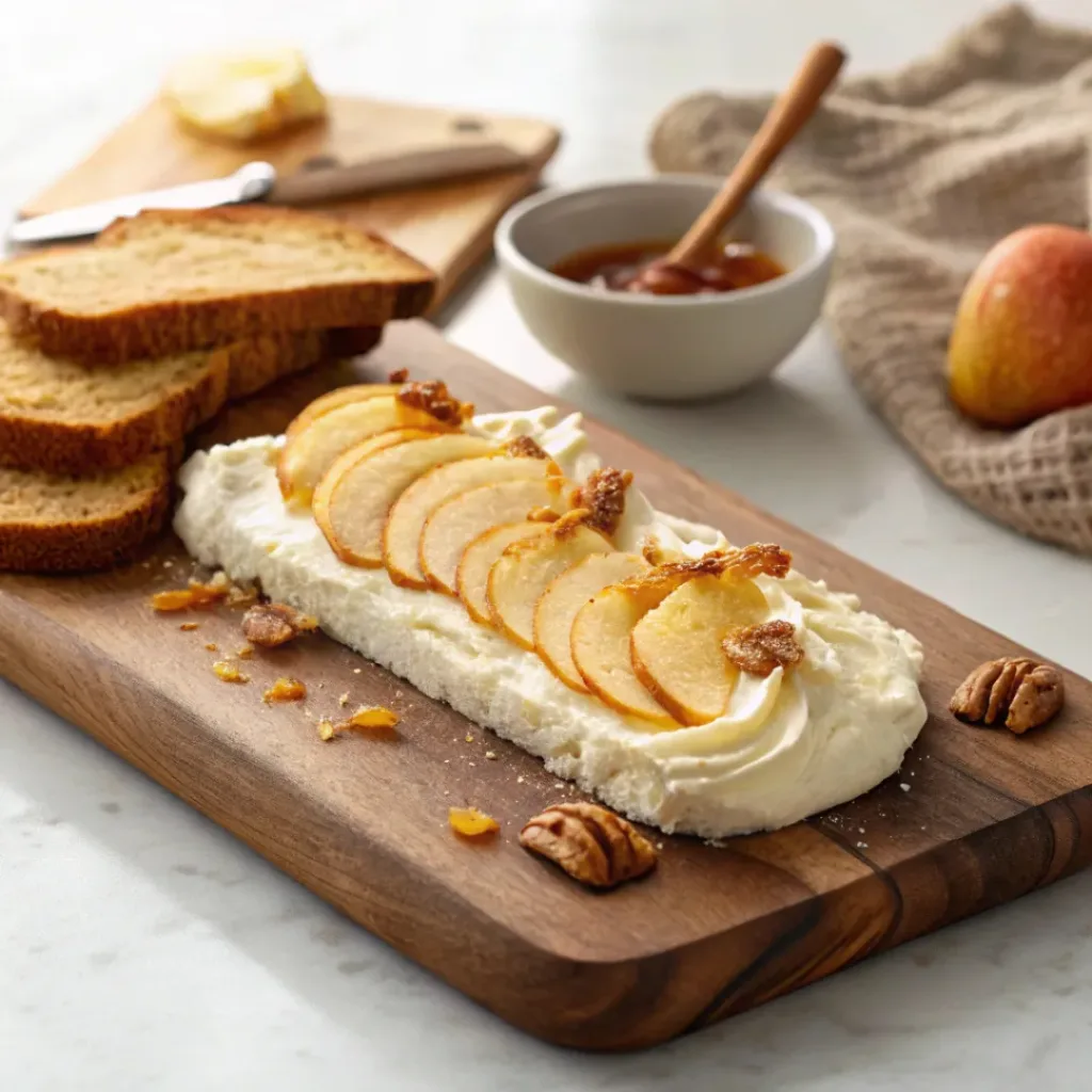 Sweet butter board with whipped salted butter, apple slices, maple syrup, cinnamon, pecans, and toasted sourdough bread.