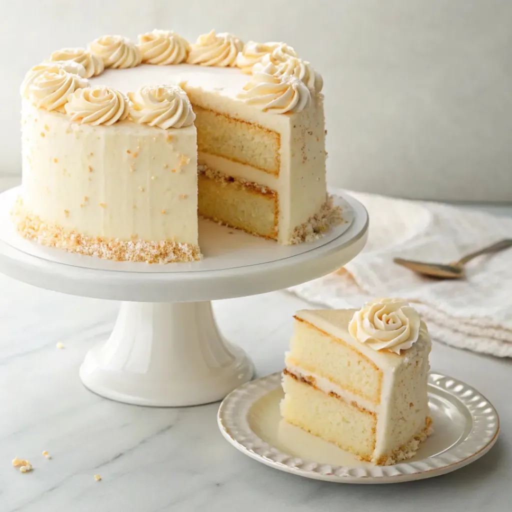 Home 8 Classic vanilla layer cake with smooth buttercream frosting and soft, fluffy vanilla cake layers.