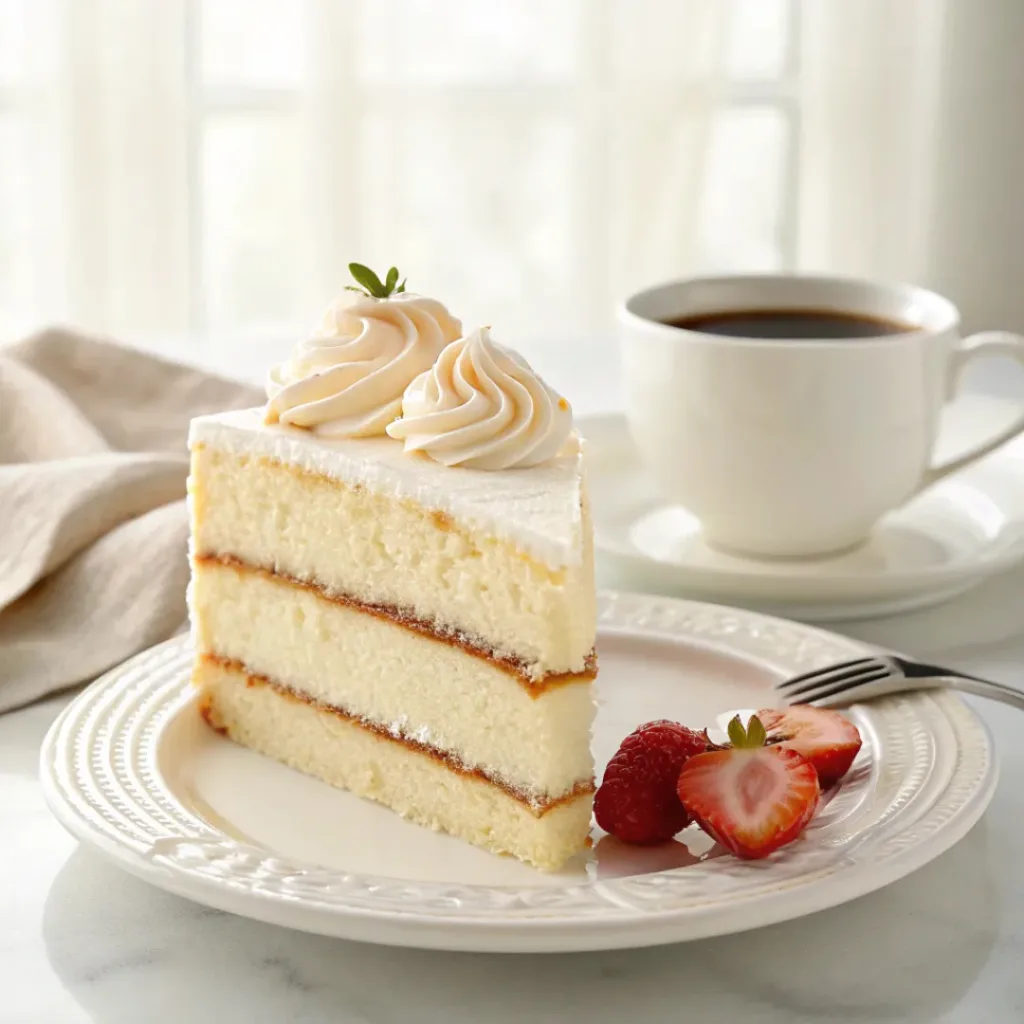 Slice of fluffy vanilla cake with creamy buttercream served with coffee and fresh berries.